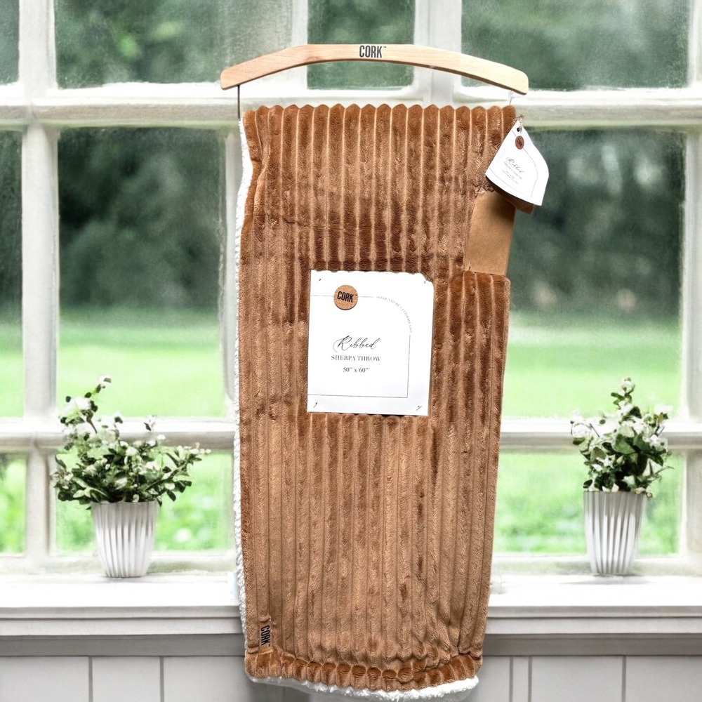 CORK‎ Ribbed Sherpa Throw Blanket Cognac Brown Cozy Plush 50x60